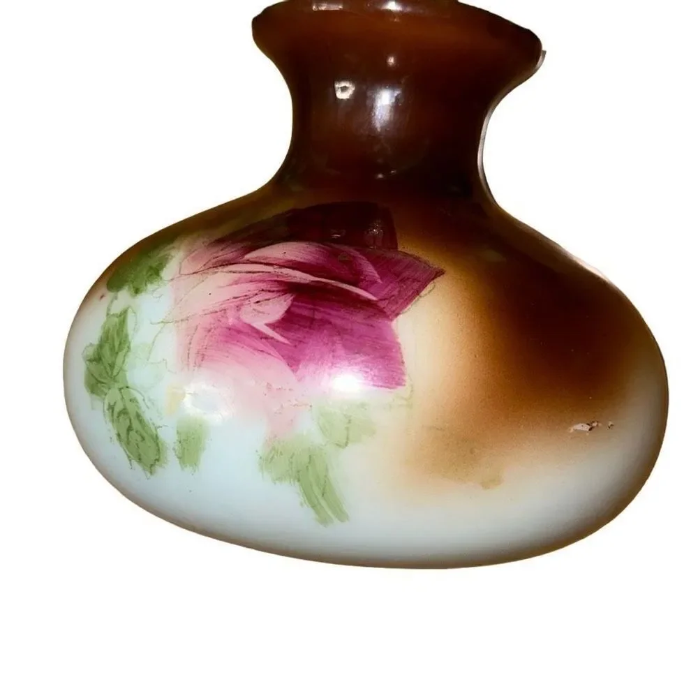 HAND PAINTED MILK GLASS VASE - Squat & Round Brown with Red Rose VINTAGE COUNTRY